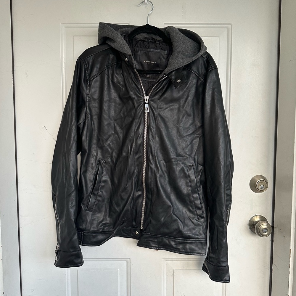 Zara Mens Faux Leather Coat with Hood size L